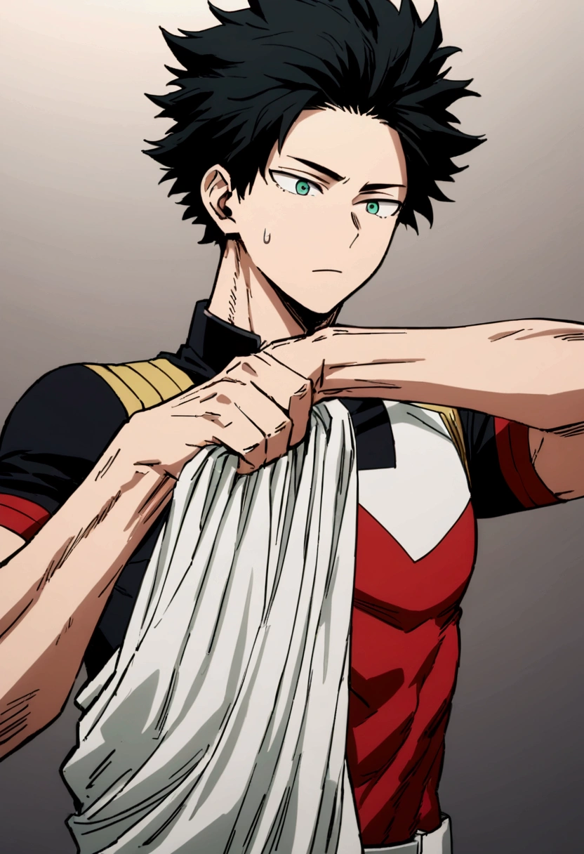 He is a 17 year old teenager, He has slightly disheveled very black hair..., somewhat light green eyes, , muscular body , sexy face, He is dressed in the anime uniform. "my hero academia", putting on the shirt,