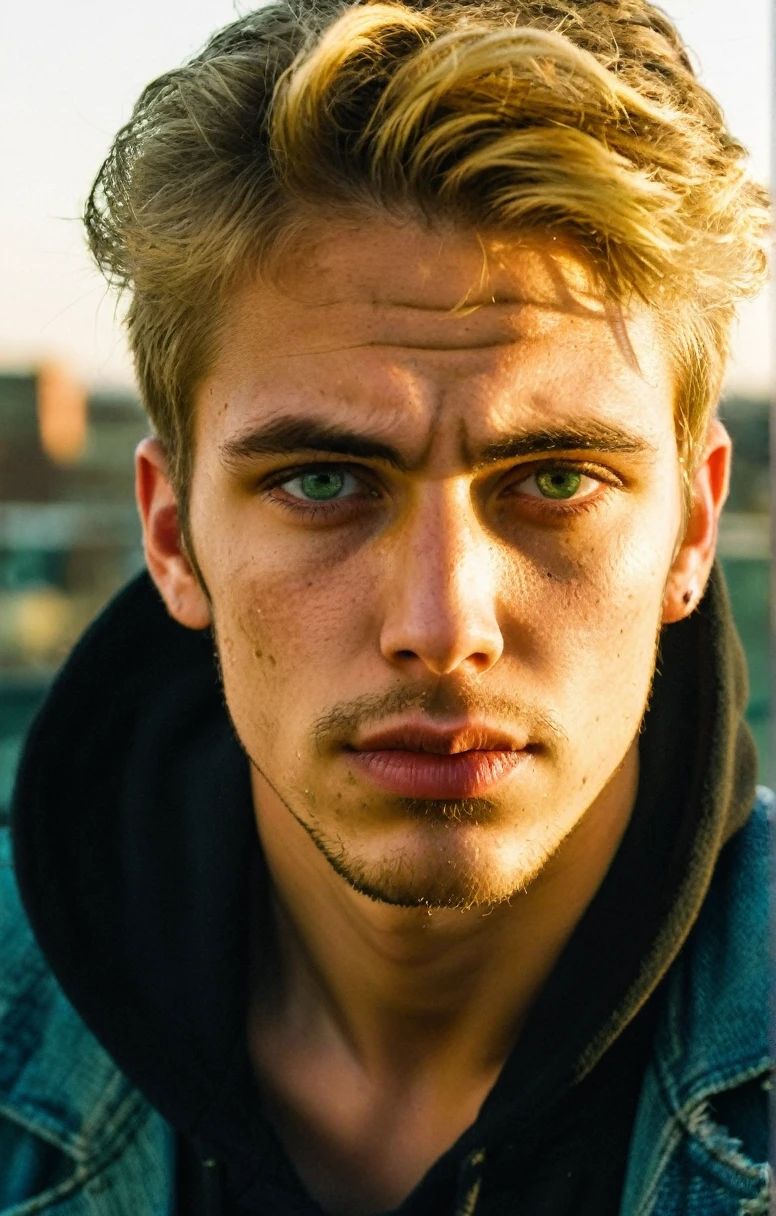 Grunge style 25 year old man,blond hair,green eyes,extremely handsome,chiseled jaw,full stubble,skin pores,glossy eyes,(short hair),black harley davidson hoodie,denim jeans,torn jeans,golden hour,sitting on the ledge of a city rooftop,Thorough,analog style,eye focus,highest quality,(highly detailed skin),perfect face,(bokeh:0.6),sharp focus,dappled lighting,(backlighting:0.7),film grain,front view,(upper body:0.9) ., . Textured, vintage, edgy,