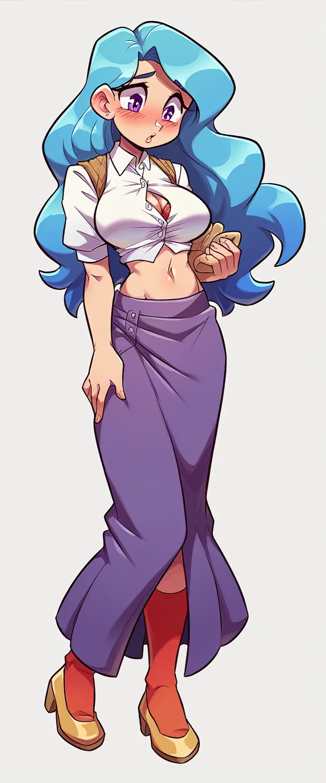 a teenage girl big breast cute beautiful beauty long light blue hair wavy soft her purple eye she wears a white button-down shirt wearing a gray sleeveless button-down vest and a metallic purple skirt pair of red socks yellow heels she shameful shame blushing she holds a red bra belly Arabia