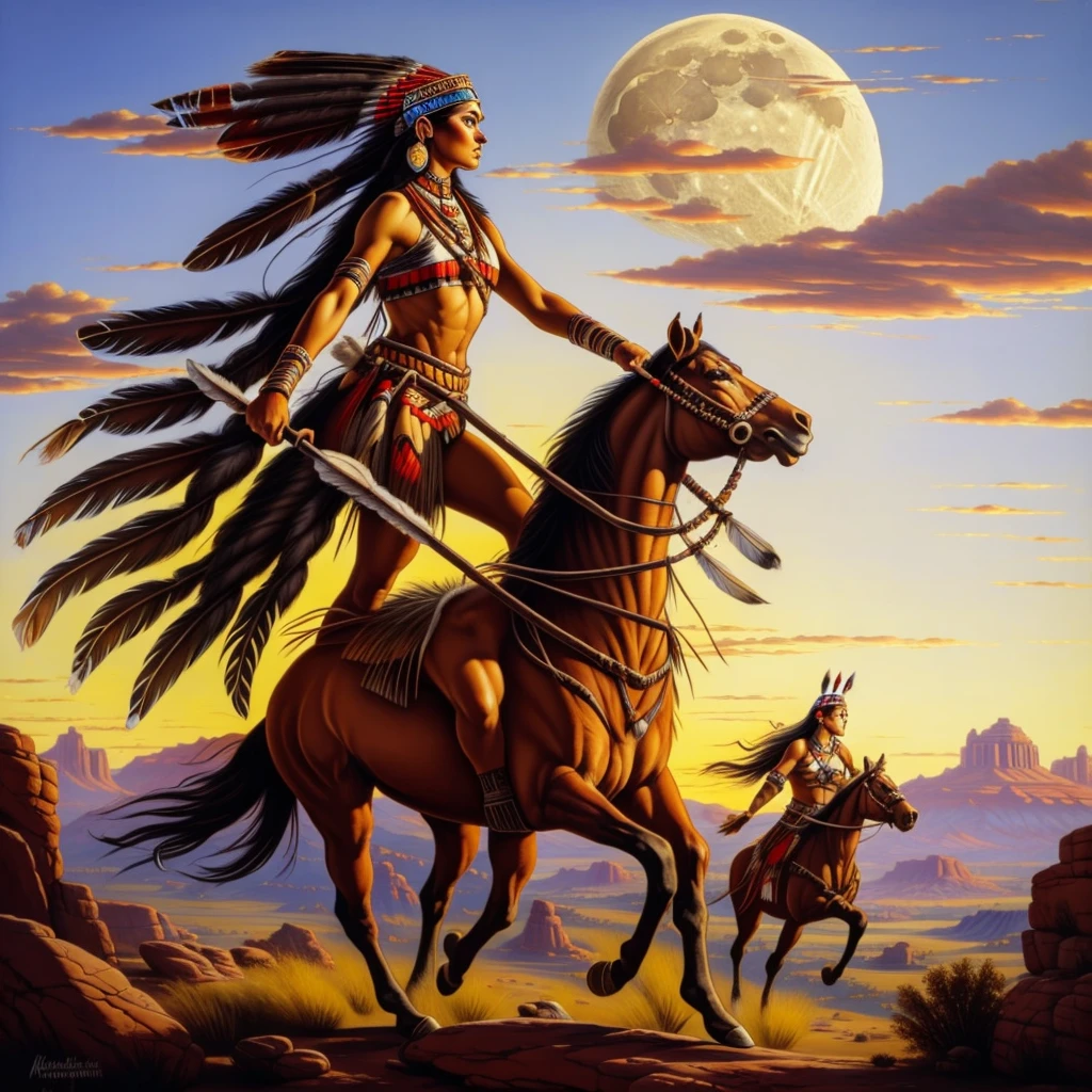 Christophe Young style; Award-winning bust,A beautiful woman wearing a Native American headdress, Native Americans on horseback in the background : Native American Shameon Fantasy, native american art, Native American, Local art, native american warrior, native american warrior, indian warrior, horse warrior, inspired by George Catlin, Native American folk art, Spirit warrior, inspired by Karl Bodmer, The goddess of the hunt and the moon, aboriginal