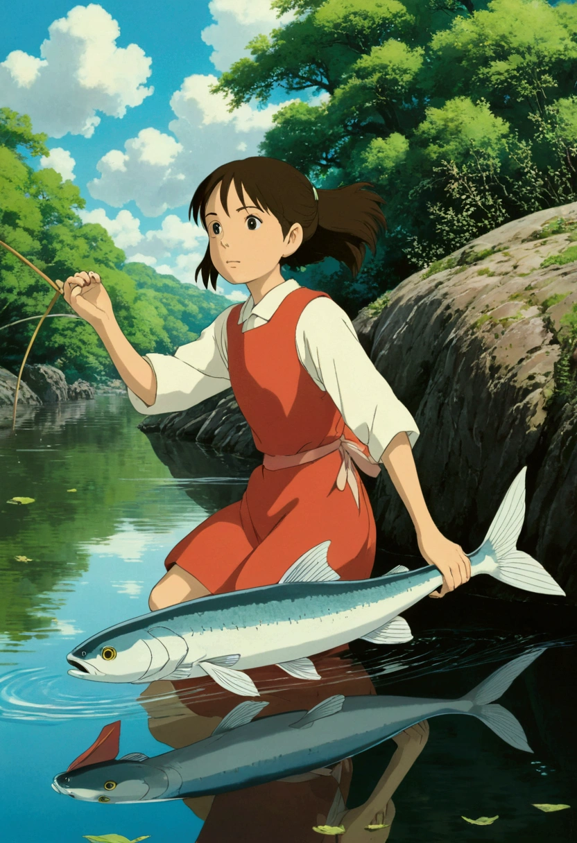 Ghibli Catch a big fish in the river girl