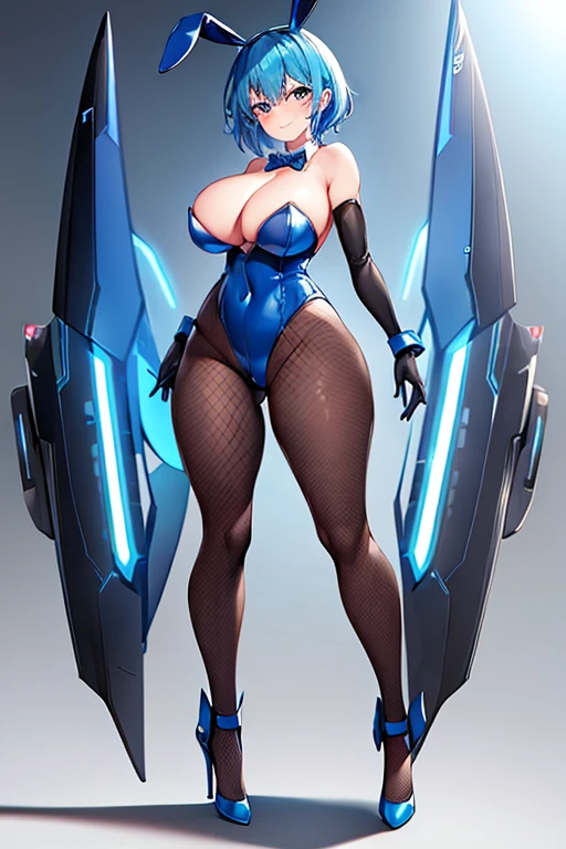 1girl, blue hair, large breasts, bunny ears, rabbit ears, wide hips, bodysuit, black bodysuit, short hair, very short hair, science-fiction, tech, futuristic, machinery, full body, ((full body)), smile, light smile, robot girl, drone, high heels, fishnets, fishnet pantyhose, 