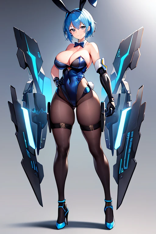 1girl, blue hair, large breasts, bunny ears, rabbit ears, wide hips, bodysuit, black bodysuit, short hair, very short hair, science-fiction, tech, futuristic, machinery, full body, ((full body)), smile, light smile, robot girl, drone, high heels, fishnets, fishnet pantyhose, 