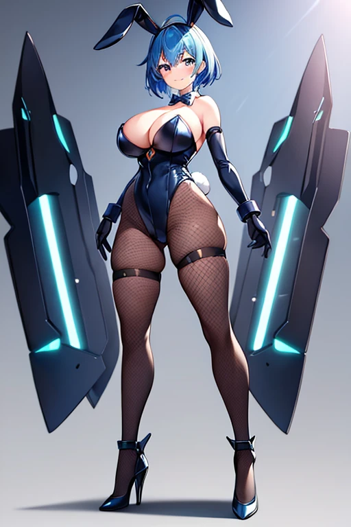 1girl, blue hair, large breasts, bunny ears, rabbit ears, wide hips, bodysuit, black bodysuit, short hair, very short hair, science-fiction, tech, futuristic, machinery, full body, ((full body)), smile, light smile, robot girl, drone, high heels, fishnets, fishnet pantyhose, 