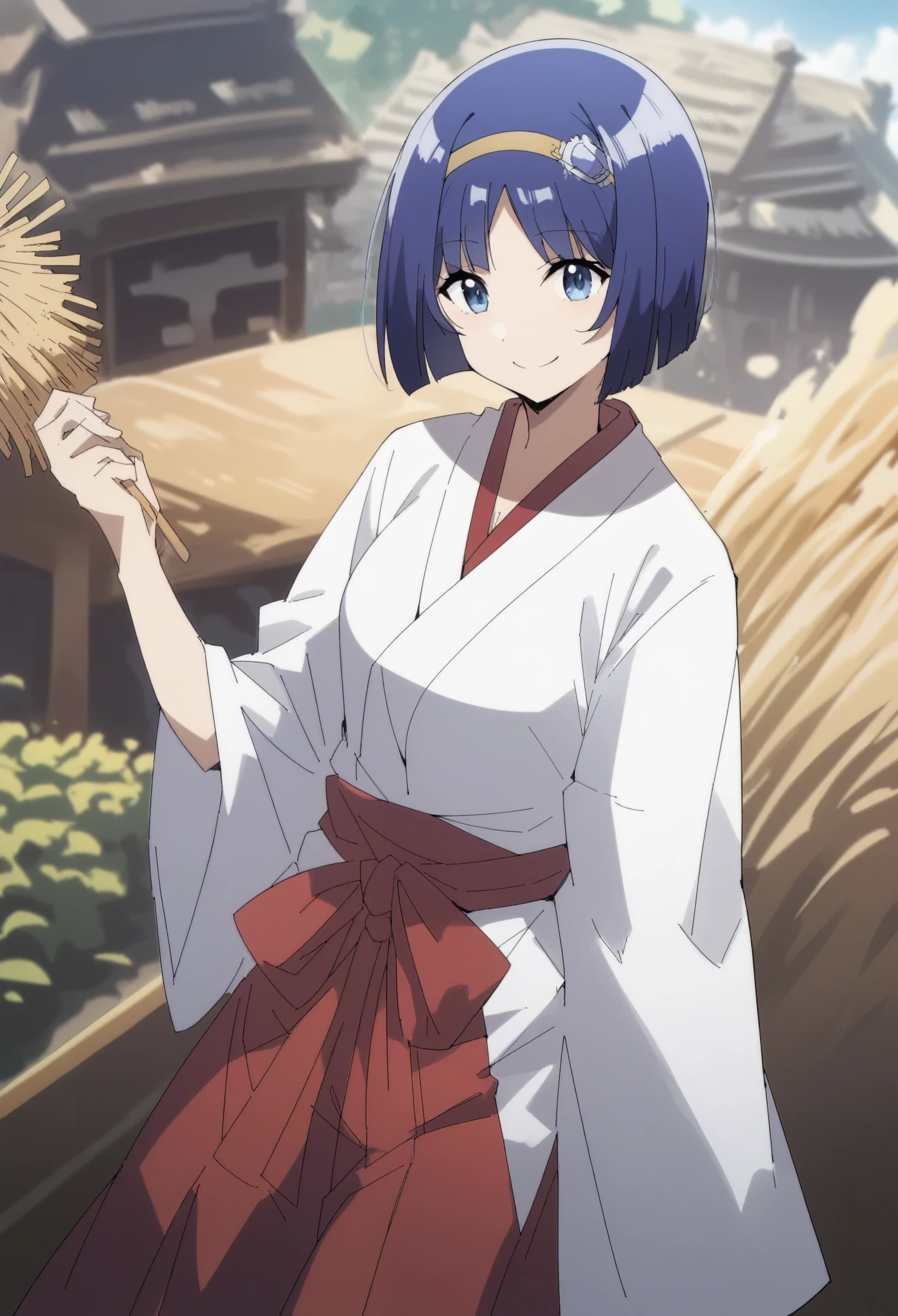 blue eyes,short hair,jewelry hairband, short hair, bob cut, in miko clothes cleaning the entrance of the Temple, white robe, (red hakama;1.45), straw broom, Tsurugaoka Hachimangu Temple, cute, kawaii, beautiful, smile posing, looking at viewer, (masterpiece, best quality:1.5) ,high resolution, extremely detailed, trending on pixiv, masterpiece, cinematic lighting, (anime art style:1.45),
