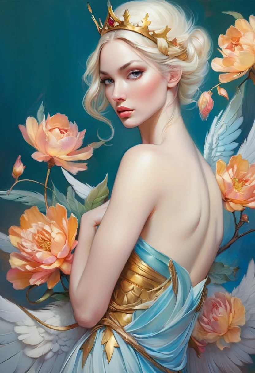 painting of a woman with wings and a crown on her head, Portrait of a Beautiful Angel, Artgerm detailed, goddess close-up portrait, Artgerm. High detail, Graphic artist Magali Villeneuve, stunning portrait of a goddess, Portrait of a beautiful goddess, Beautiful angel woman, fantasy portrait art, Artgerm julie bell beeple