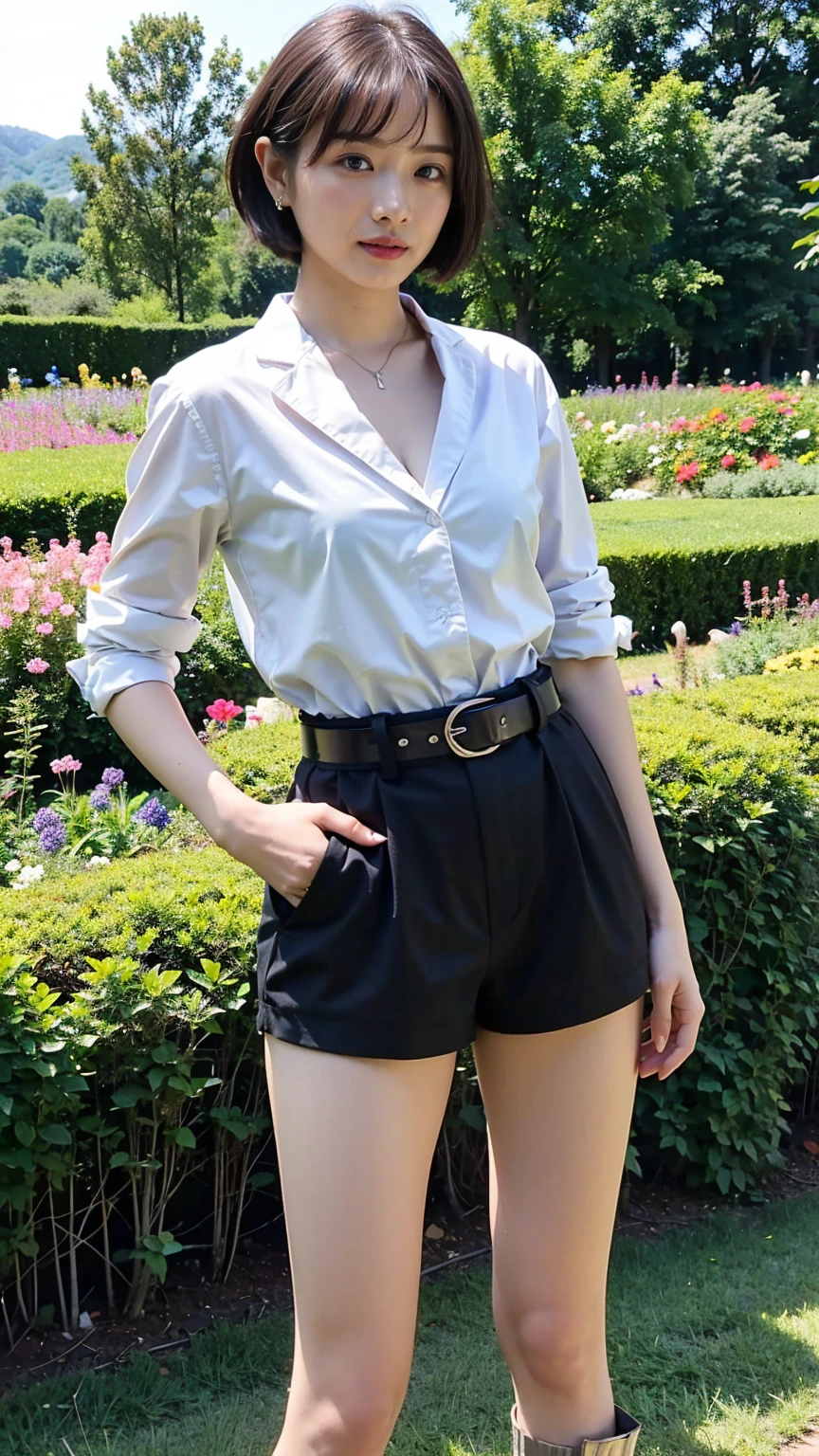 (8k、RAW Photos、Highest quality、masterpiece:1.2)、(Realistic、Realistic)、1 Girl、((suit、Black shorts、Short Hair、boots、garden、View from the front、Looking at the camera、belt、Hands on your hips))、cute
