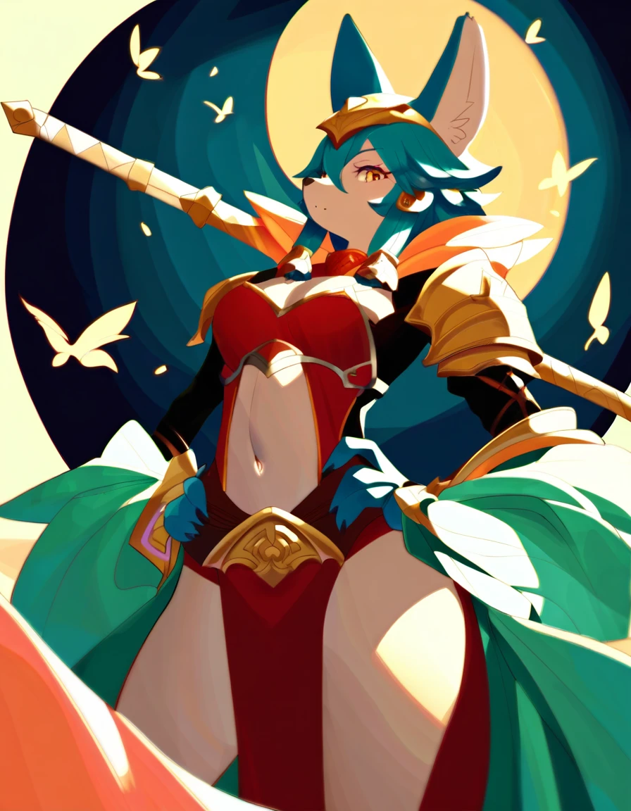 anime fantasy art style, a beautiful kemono wolf warrior, wearing obsidian armor with engraved glowing symbols, posing with hands on waist, hourglass body, fantasy design