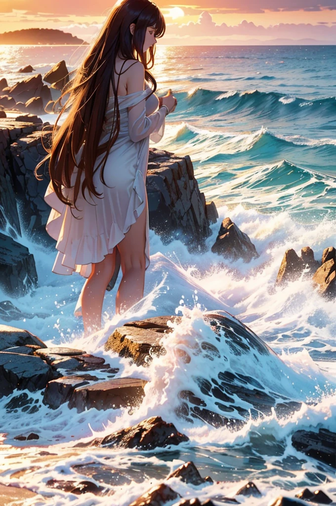 a beautiful girl standing on a cliff, watching the sunset over the ocean, (best quality,4k,8k,highres,masterpiece:1.2),ultra-detailed,(realistic,photorealistic,photo-realistic:1.37),1girl,intricate details,warm colors,dramatic lighting,glowing sky,vibrant sunset,detailed facial features,long flowing hair,elegant dress,serene expression,picturesque landscape,rocky coastline,crashing waves,golden hour,soft focus,cinematic composition