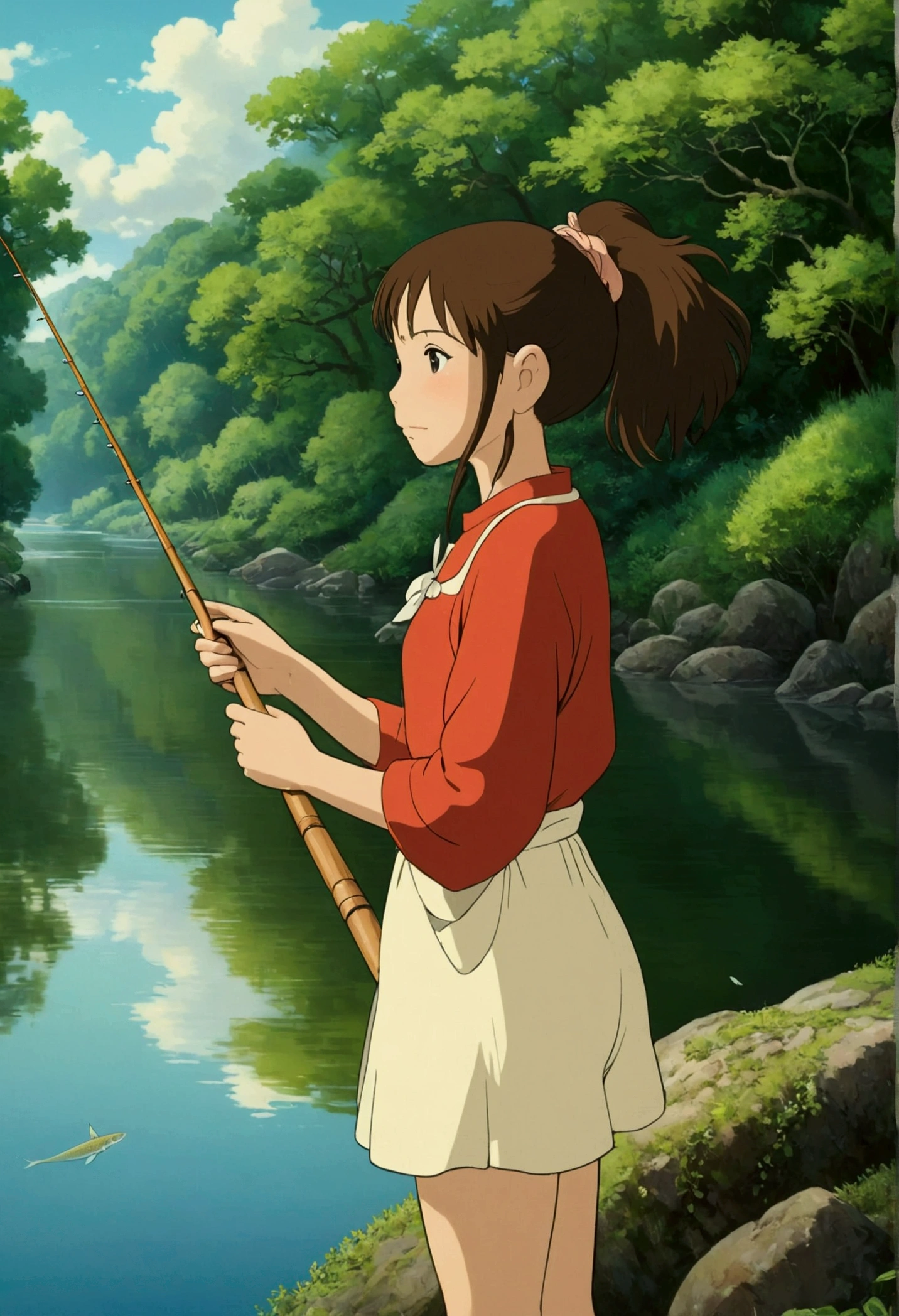 Ghibli fishing beautiful river girl