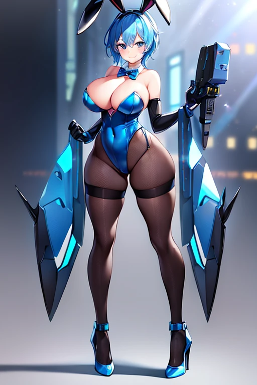 1girl, blue hair, large breasts, bunny ears, rabbit ears, wide hips, bodysuit, black bodysuit, short hair, very short hair, science-fiction, tech, futuristic, machinery, full body, ((full body)), smile, light smile, robot girl, drone, high heels, fishnets, fishnet pantyhose, fishnet legwear