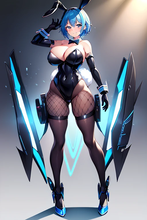 1girl, blue hair, large breasts, bunny ears, rabbit ears, wide hips, bodysuit, black bodysuit, short hair, very short hair, science-fiction, tech, futuristic, machinery, full body, ((full body)), smile, light smile, robot girl, drone, high heels, fishnets, fishnet pantyhose, fishnet legwear