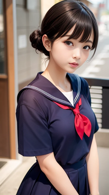 ((Short-sleeved sailor uniform、Women's short-sleeved sailor uniform))、((Summer clothes、White short sleeves、Navy blue pleated mini skirt、Red ribbon))、1 girl、21 years old、masterpiece:1.3、Highest quality、Raw photo、Bob Hair、Brown Hair、Medium breast、