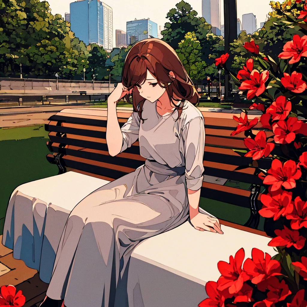 Light gray background, woman sitting on bench, brown hair, long, red flower