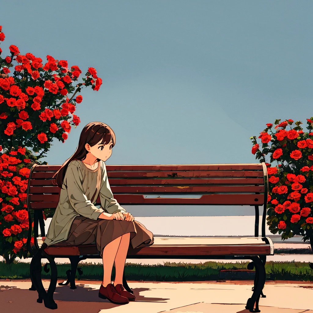 Light gray background, woman sitting on bench, brown hair, long, red flower