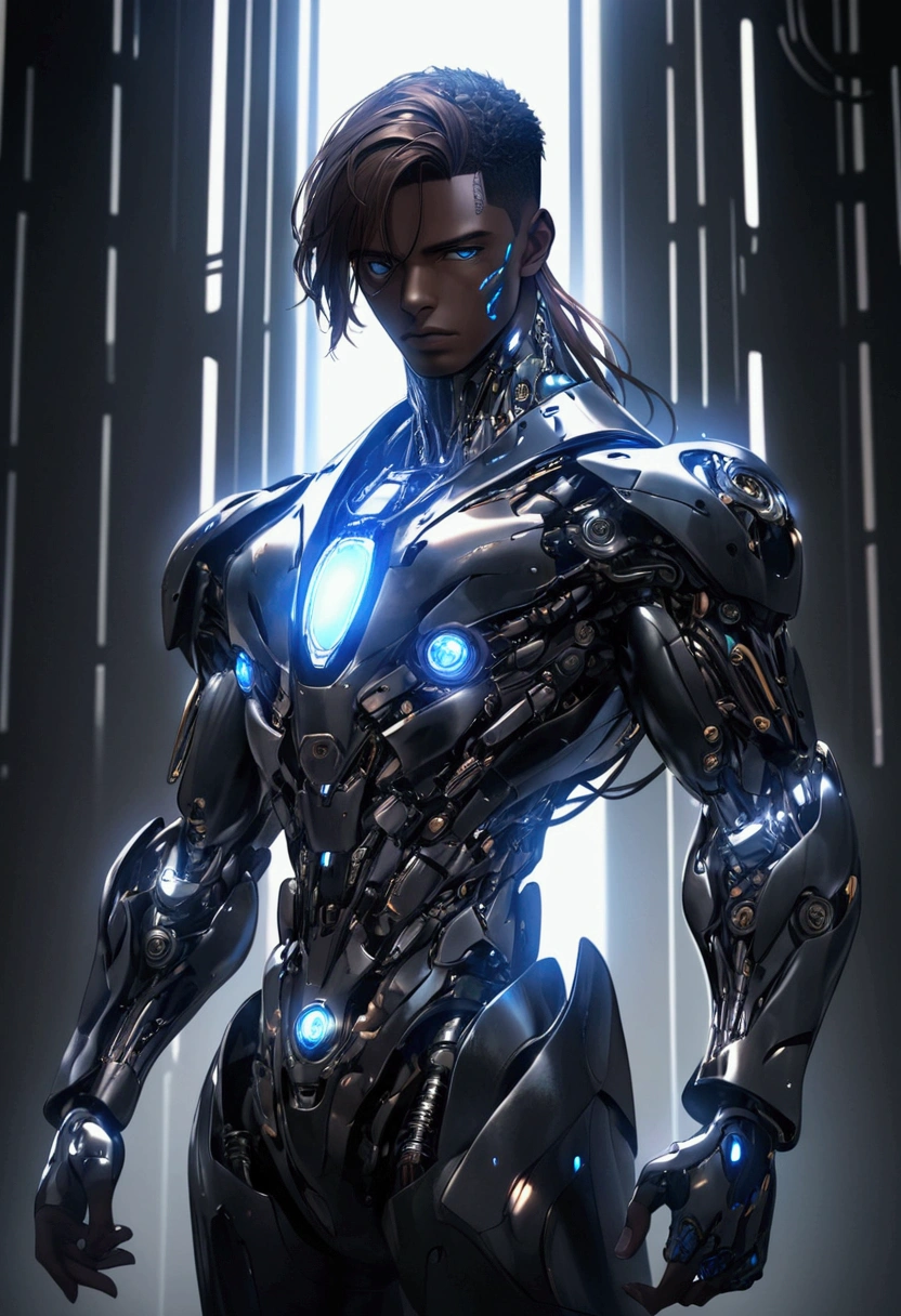 ((masterpiece)), ((best quality)), (from front, facing front), (cybernetic, cyber armor), 1man, adult man, solo, black skin, long brown hair, blue eyes, cyber armor, hyper-detailed, cinematic lighting, chiaroscuro, intricate details, metallic sheen, futuristic, mechanical, striking, powerful, awe-inspiring, moody, atmospheric
