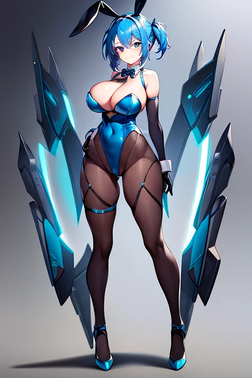 1girl, blue hair, large breasts, bunny ears, rabbit ears, wide hips, bodysuit, black bodysuit, short hair, very short hair, science-fiction, tech, futuristic, machinery, full body, ((full body)), smile, light smile, robot girl, drone, high heels, fishnets, fishnet pantyhose, fishnet legwear