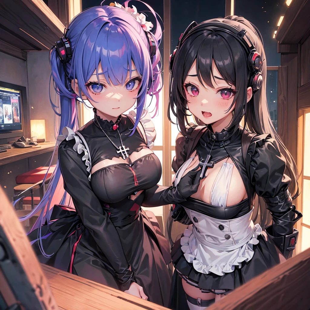 Maid clothes、 ww2，cyber punk、Soldier Woman（Cross Necklace　cyber punk　Gothic Lolita　Swimwear）,vampire、Tavern、Climax expression（tropical、トレイにtropicalジュースを載せている）Multiple monitors behind（anime）