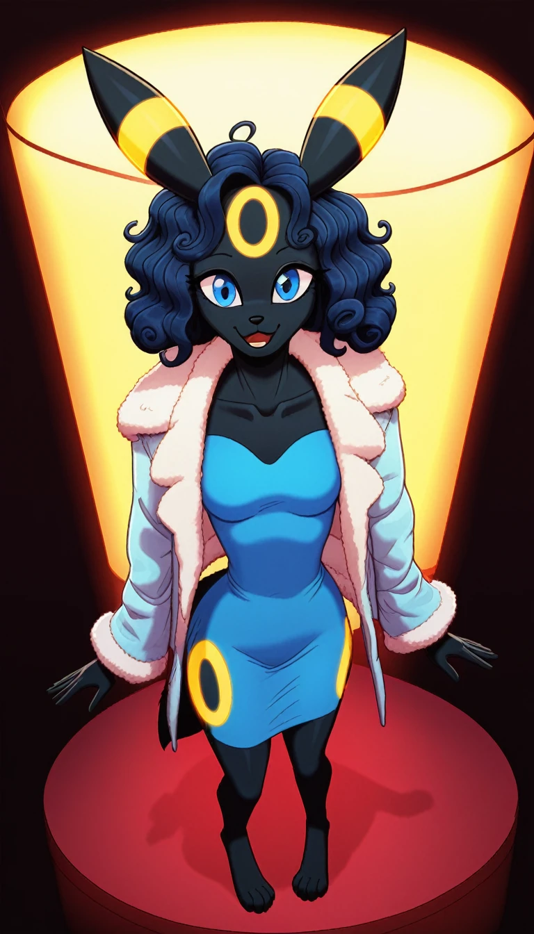 happy expression, 1 girl, anthropo, coatry, coat, fluffy coat,  Umbreon, curly black hair , purples eyes,  (19yearsold), Medium chest, thicc thighs, standing alone, (stage background with lights), detailded, long neon blue dress with pink, (singing),  blue eye shadow, (whole body), standing, punctuation_9, punctuation_8_High above, punctuation_7_High above, punctuation_6_High above, punctuation_5_High above, punctuation_4_High above