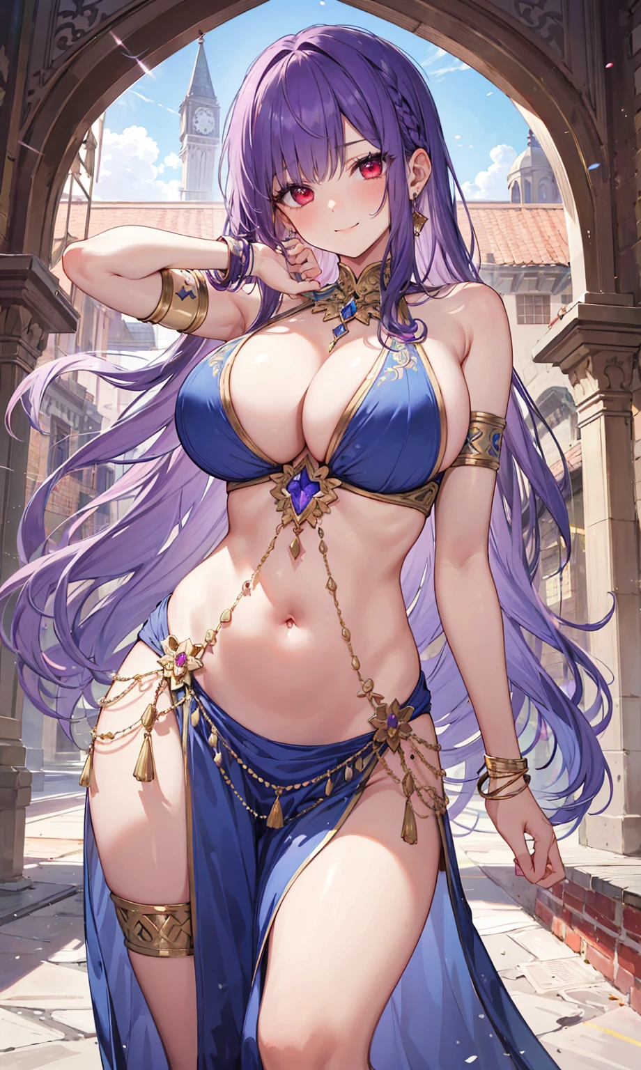 high quality, ultra detailed, best quality, insanely detailed, beautiful, masterpiece, 1girl, medieval plaza, cowboy shot, red eyes, long hair, purple hair, belly dancer, circlet, earrings, armlets, bracelets, bashful smile, large breasts, cleavage, soft stomach