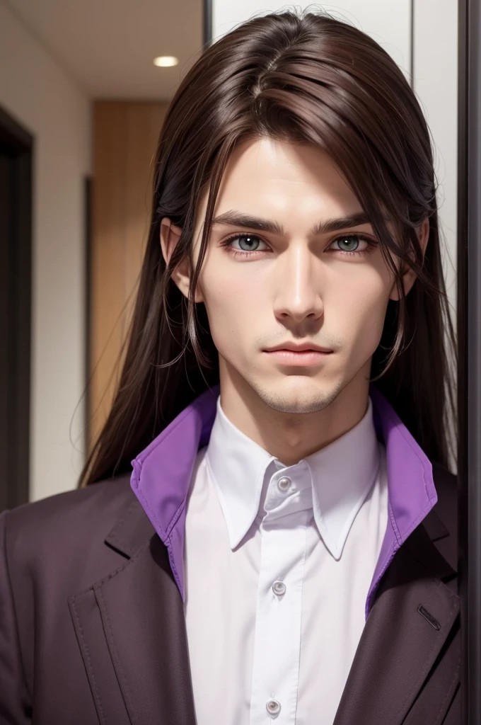 Tall masculine MAN anime version, De pele clara, dark brown hair, eyes with purple and yellow heterochromia