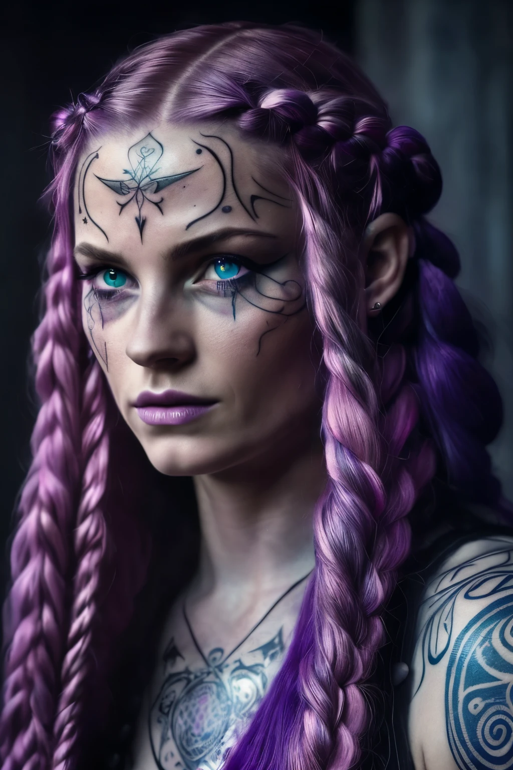a dark soul witch, woman with long braided hair, purple and pink hair, piercing blue eyes, runes tattoos, (best quality,4k,8k,highres,masterpiece:1.2),ultra-detailed,(realistic,photorealistic,photo-realistic:1.37),intricate detailed portrait, dark fantasy, dramatic lighting, moody atmosphere, cinematic composition