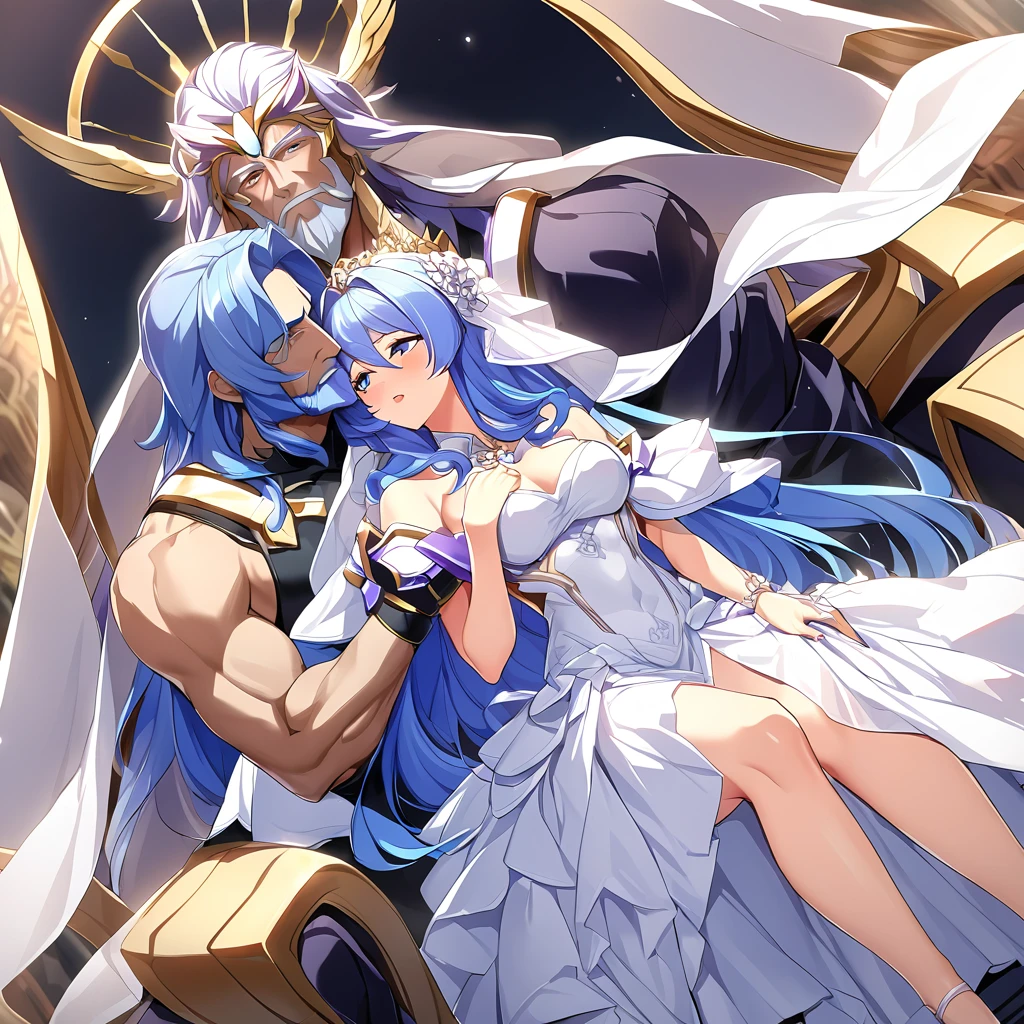 ((Highest quality)), ((masterpiece)), (detailed), (Perfect Face)、The woman embraces Zeus, the great, strong, bearded old man who is the chief god of Greek mythology, kisses him with a vow, and they make love and have sex on a luxurious bed in heaven.、Women are messengers of God and great angels.6An archangel and god with wings and a shining halo above his head.々The wife of Zeus, the king of the gods, the goddess Extia、The woman is the beautiful Queen of the Gods, Goddess Extia, with medium-long blue hair. She is wearing a gorgeous white wedding dress with gold embroidery and trim, a white wedding veil, an engagement ring, and gorgeous accessories. She is an elegant goddess and a beautiful queen of the gods.