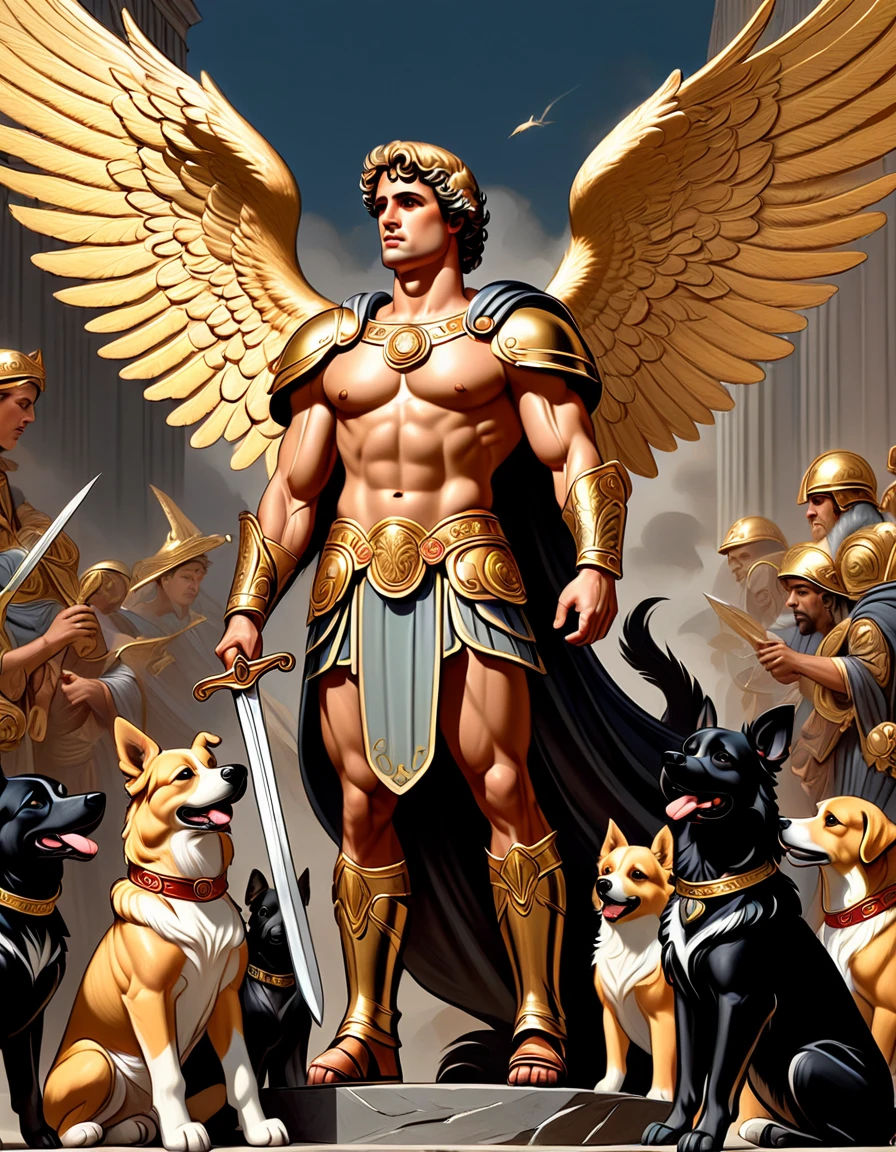 intence color palette, symmetrical composition, ultra-detailed artistic style, oil painting, full body, perfect composition, perfect anatomy, wearing ancient roman soldier arnor, dramatic, natural lighting, a beautiful angel, handsome, tall, muscles Realistically detailed, body symmetry,The angel is holding a golden sword flying to confront a group of black dogs