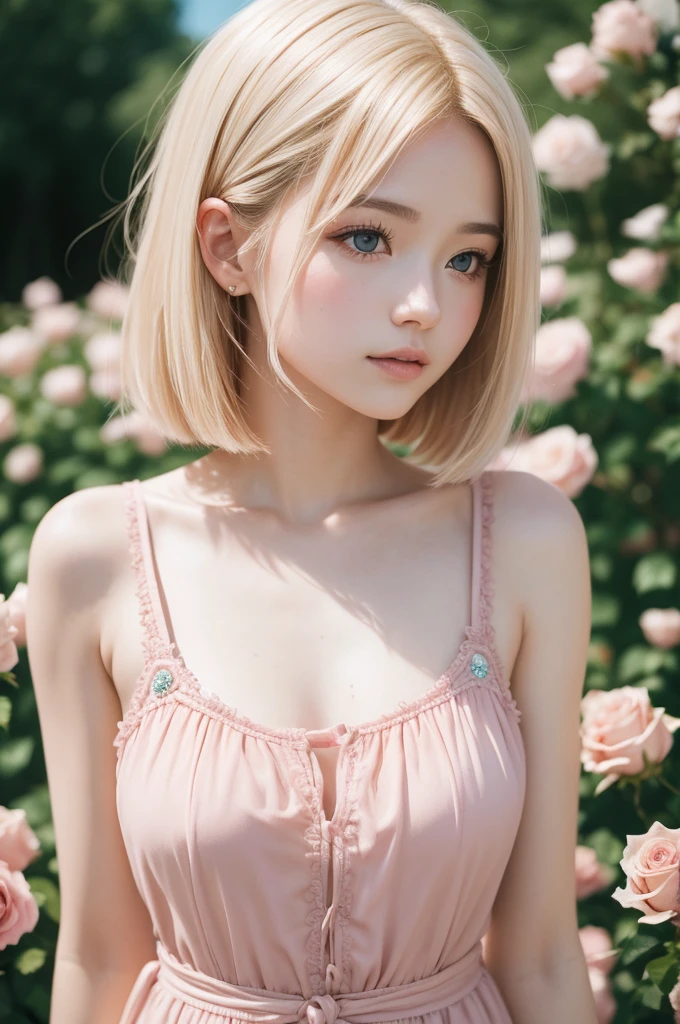 8k, CRU photo, Fujifilm, style photo of a beautiful young woman like Avril in a light pink rose garden (highly detailed skin: 1.2) Style-Petal BREAK short hair, blonde hair with colored highlights, wearing a dress, film grain, 35mm, cute style