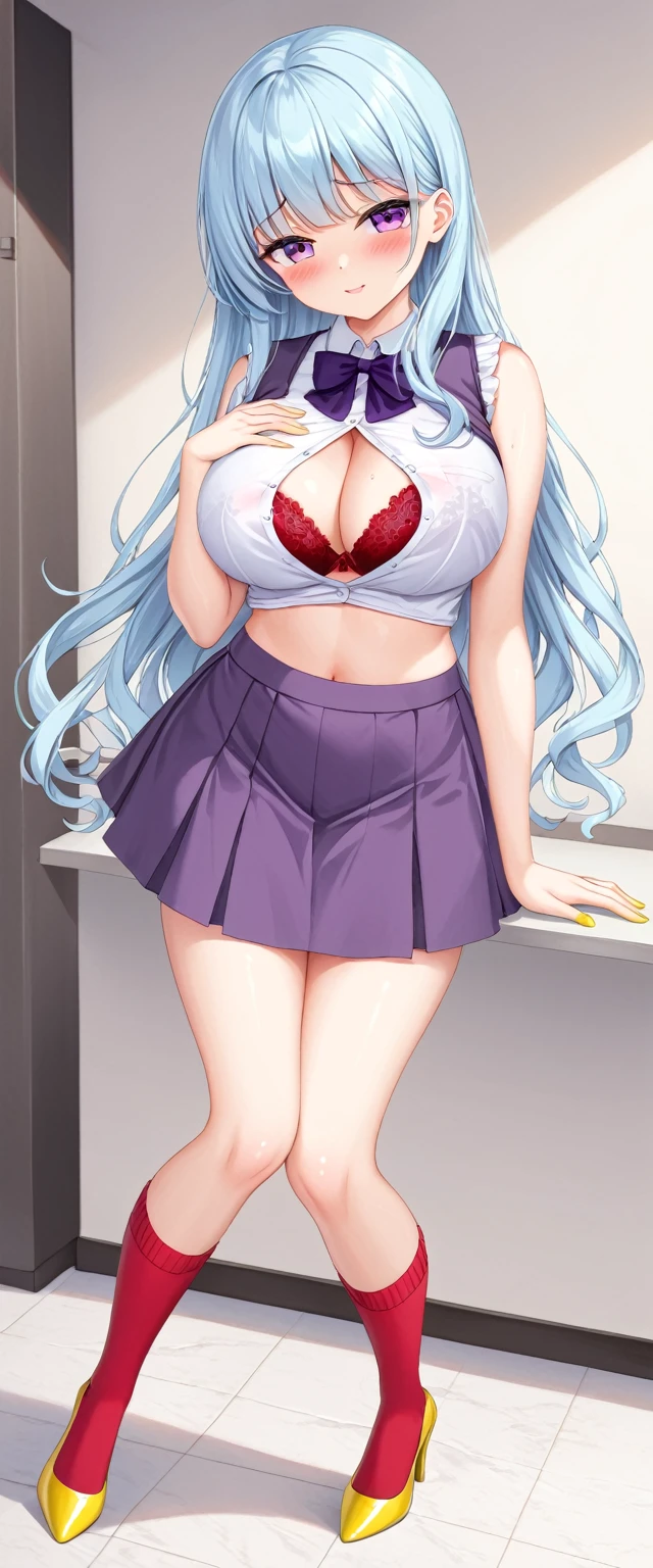 a age girl big breast cute beautiful beauty long light blue hair wavy soft her purple eye she wears a white button-down shirt wearing a gray sleeveless button-down vest and a metallic purple skirt pair of red socks yellow heels she shameful shame blushing she holds a red bra belly Arabia