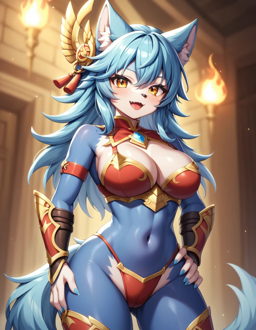 anime fantasy art style, a beautiful kemono wolf warrior, wearing obsidian armor with engraved glowing symbols, posing with hands on waist, hourglass body, fantasy design