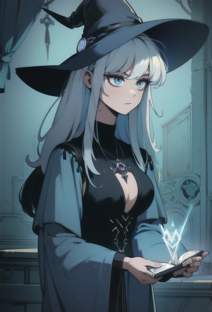 depicts a modern-day witch who has embraced the world of cybernetics to enhance her magical abilities. The artwork should convey the enchanting blend of traditional witchcraft and futuristic technology. Here are some specific elements to include: The Witch's Lair: The setting should be a cozy yet slightly eerie room, filled with magical books, crystal balls, potion ingredients, and antique furnishings. The room should be dimly lit by candles and a soft, mystical glow emanating from her cybernetic enhancements. The Cyborg Witch: The central focus of the artwork is the witch herself. She's a striking figure with a mix of traditional witch attire and cybernetic enhancements. Her clothing should have a witchy, occult aesthetic, with flowing robes, a pointed hat, and an intricate pentagram necklace. Her arms, however, have been upgraded with cybernetic components that incorporate magical symbols and glowing runes. Magical Interface: The witch is in the midst of casting a spell, with a holographic, touch-screen interface floating before her. This interface includes spell incantations, arcane symbols, and digital components, demonstrating her fusion of magic and technology. Spell Ingredients: On a nearby table, there should be a collection of spell ingredients, like herbs, potions, and magical artifacts. Some of these items may have been modified with cybernetic enhancements, blurring the line between the natural and the technological. Familiar: The witch's familiar, perhaps a cat or raven, should be present in the scene, serving as her magical companion. The familiar could also have subtle cybernetic enhancements or glowing eyes. Glowing Runes: The room should be adorned with ancient symbols and glowing runes on the walls and floor, contributing to the magical atmosphere. Aetherial Lighting: Use a combination of mystical, ethereal lighting and cybernetic glows to create a captivating interplay of light and shadow. The contrast between the tradit