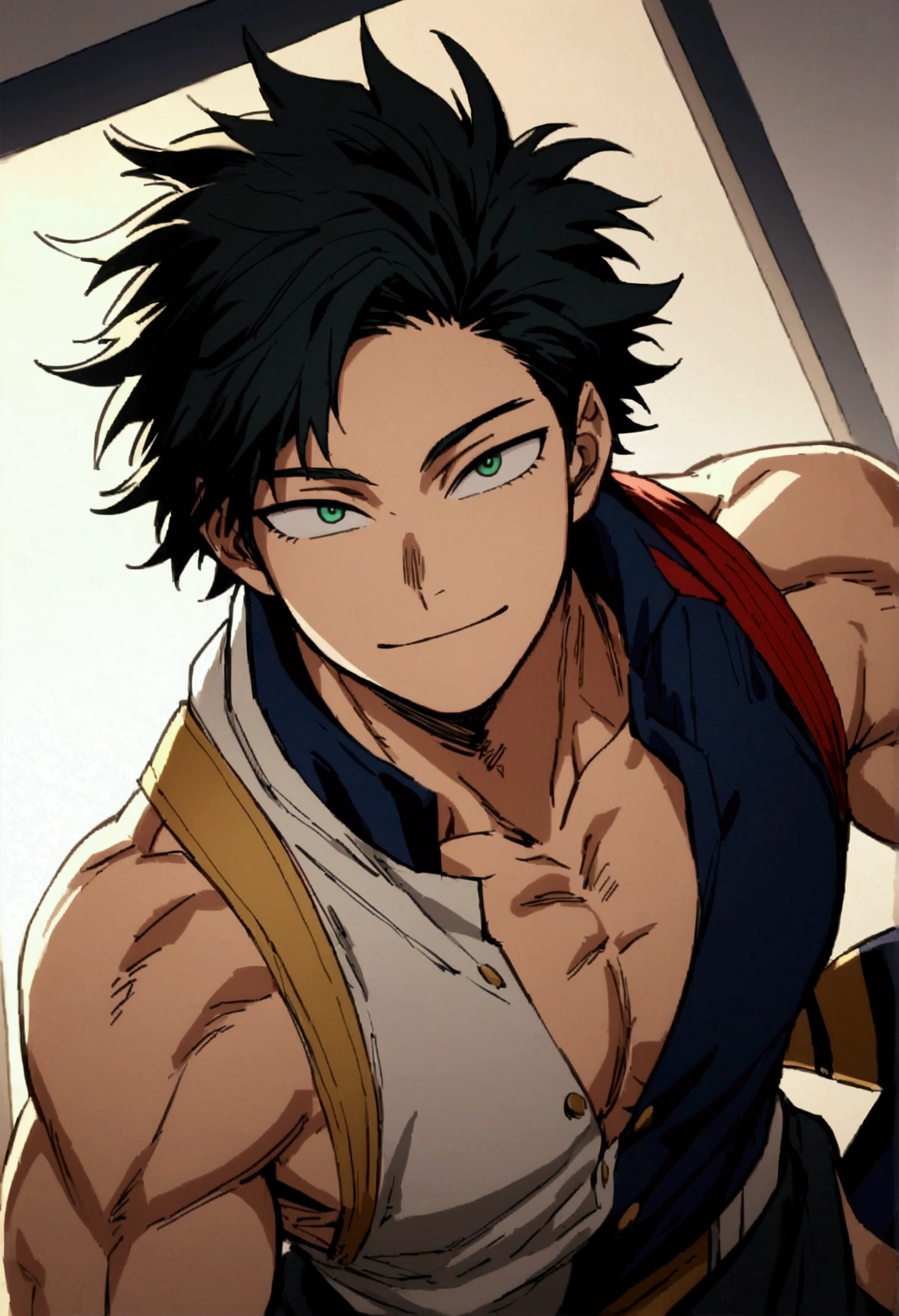 He is a 17 year old teenager, He has slightly disheveled very black hair..., somewhat light green eyes, , muscular body , sexy face, He is dressed in the anime uniform. "my hero academia", smiling