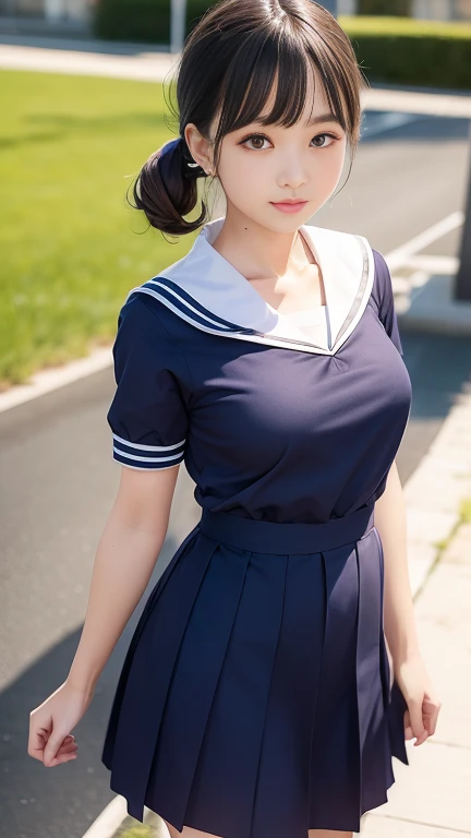 ((Short-sleeved sailor uniform、Women's short-sleeved sailor uniform))、((Summer clothes、White short sleeves、Navy blue pleated mini skirt、Red ribbon、I can see your belly button))、1 girl、21 years old、masterpiece:1.3、Highest quality、Raw photo、Bob Hair、Brown Hair、Medium breast、