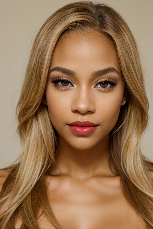 light skin biracial woman with golden blond hair and light brown eyes with makeup and red lips