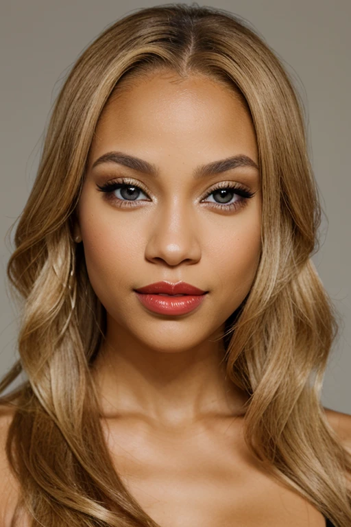 light skin biracial woman with golden blond hair and light brown eyes with makeup and red lips