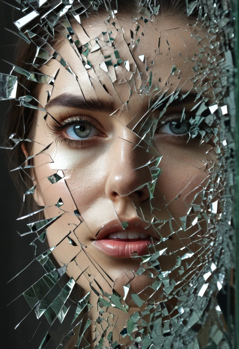 reflection of a face in broken mirror glass, hyper detailed, hyper realistic, highres, UHD,8k, dramatic contrast, best quality, high quality digital photography art