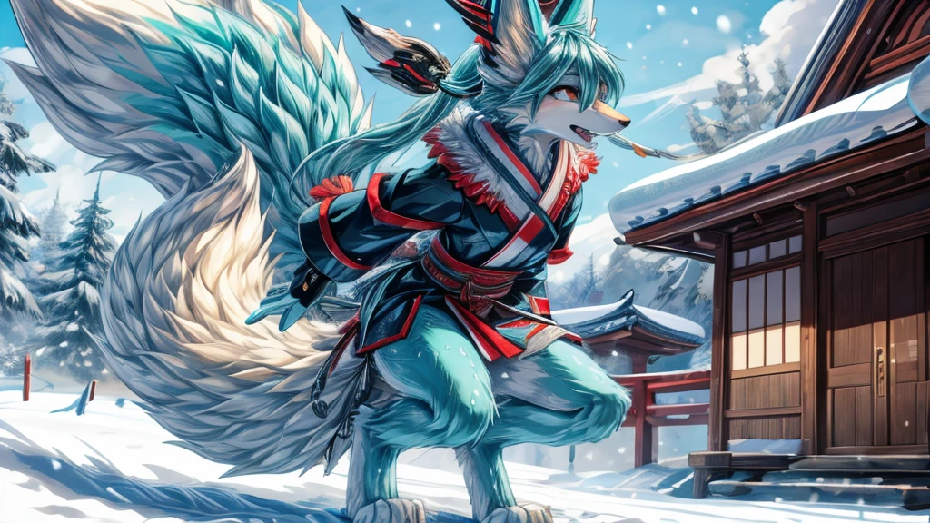 The best quality, Japanese adolescent hatsune miku x kitsune , fox face elongated snout add-detail, Surprise face, sweaty body, heated add_detail,, kitsune warrior in the snow add_detail:1, barefoot add_detail:1 mistycal aura