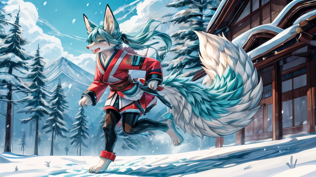 The best quality, Japanese adolescent hatsune miku x kitsune , fox face elongated snout add-detail, Surprise face, sweaty body, heated add_detail,, kitsune warrior in the snow add_detail:1, barefoot add_detail:1 mistycal aura