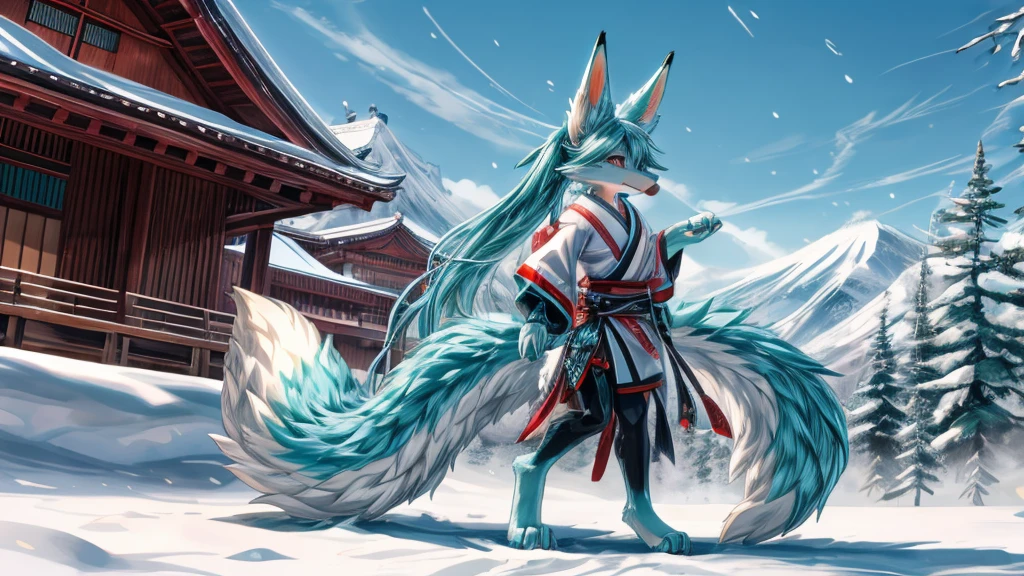 The best quality, Japanese adolescent hatsune miku x kitsune , fox face elongated snout add-detail, Surprise face, sweaty body, heated add_detail,, kitsune warrior in the snow add_detail:1, barefoot add_detail:1 mistycal aura