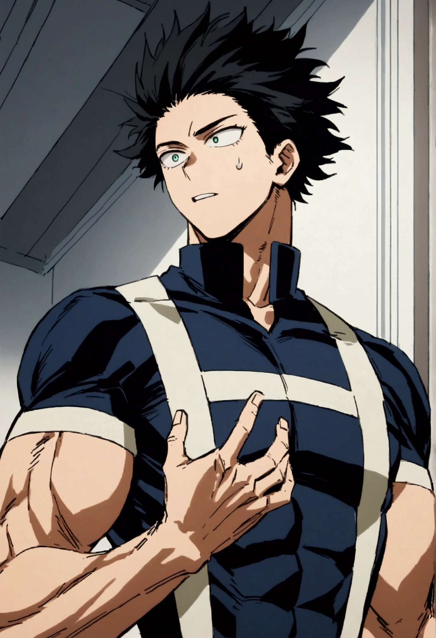  He is a , He has slightly disheveled very black hair..., somewhat light green eyes, , muscular body , sexy face, He is dressed in the anime uniform. "my hero academia", surprised face 