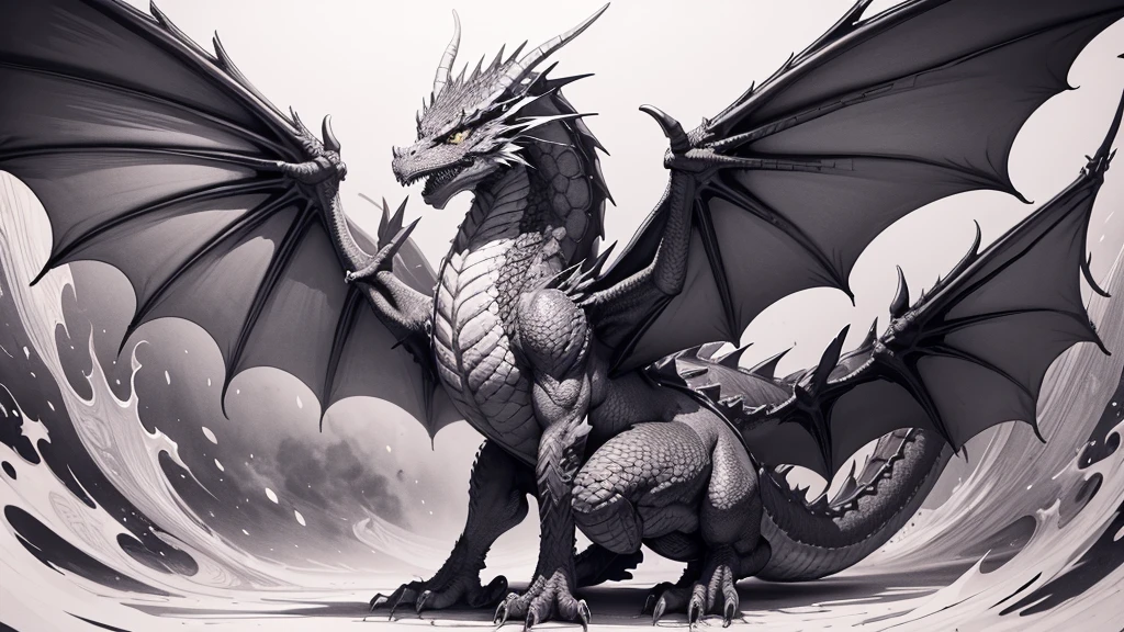 extremely detailed dragon with wings spread, ink drawing style