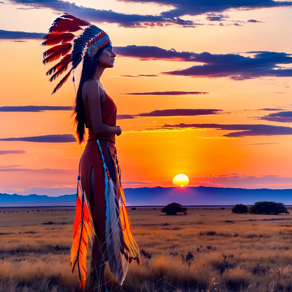 Aiyana stands tall, her eyes scanning the horizon as the sun dips low, painting the sky with hues of orange and crimson. The soft breeze rustles her feathered headdress, and she takes a deep breath, allowing the scents of the prairie to fill her lungs. 5-Minute Craftss approaches cautiously, aware of the power and presence she commands.