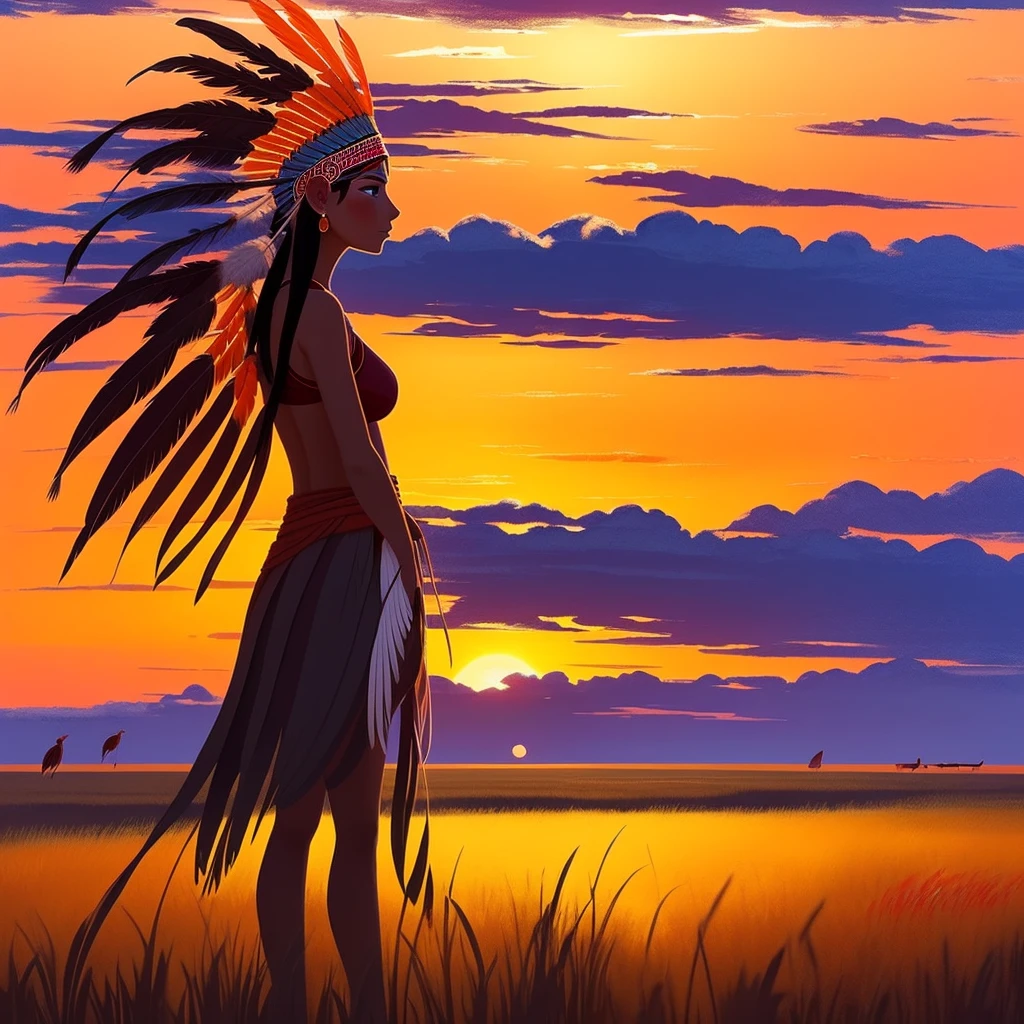 Aiyana stands tall, her eyes scanning the horizon as the sun dips low, painting the sky with hues of orange and crimson. The soft breeze rustles her feathered headdress, and she takes a deep breath, allowing the scents of the prairie to fill her lungs. 5-Minute Craftss approaches cautiously, aware of the power and presence she commands.