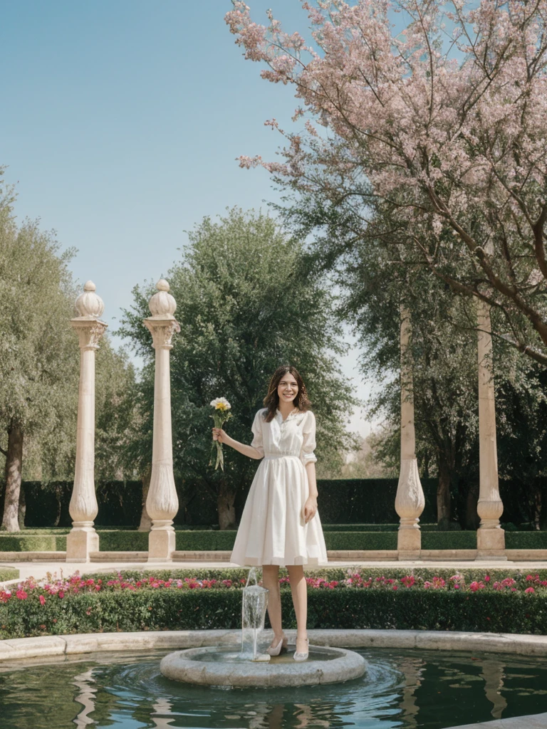 her name is Amelie, high quality, 1girl, ((25-year-old fit Caucasian woman)), ((25 years old)), ((BODY TYPE: HOURGLASS)), ((Shaggy Lob brown hair)), smiling, pose: standing, wearing SOPHISTICATED courant Generation-Z modern wear pastel colored, BACKGROUND: "Wandering through the lush gardens of the Alcázar, with its ornate architecture, fountains, and vibrant flowers."