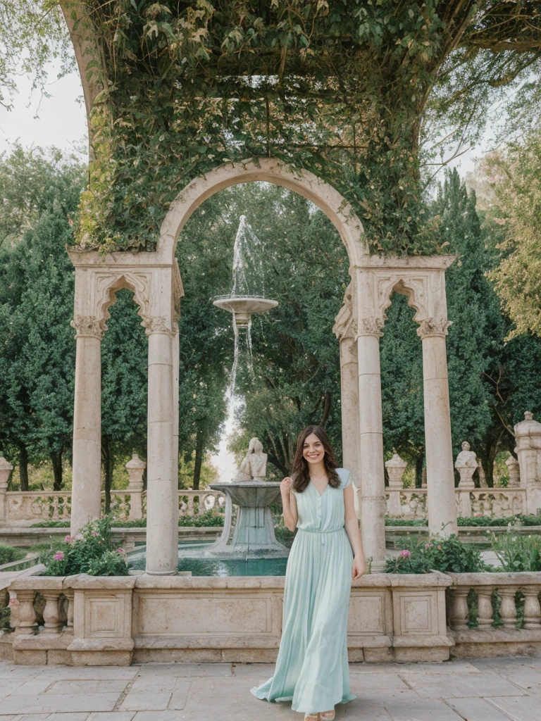 her name is Amelie, high quality, 1girl, ((25-year-old fit Caucasian woman)), ((25 years old)), ((BODY TYPE: HOURGLASS)), ((Shaggy Lob brown hair)), smiling, pose: standing, wearing SOPHISTICATED courant Generation-Z modern wear pastel colored, BACKGROUND: "Wandering through the lush gardens of the Alcázar, with its ornate architecture, fountains, and vibrant flowers."