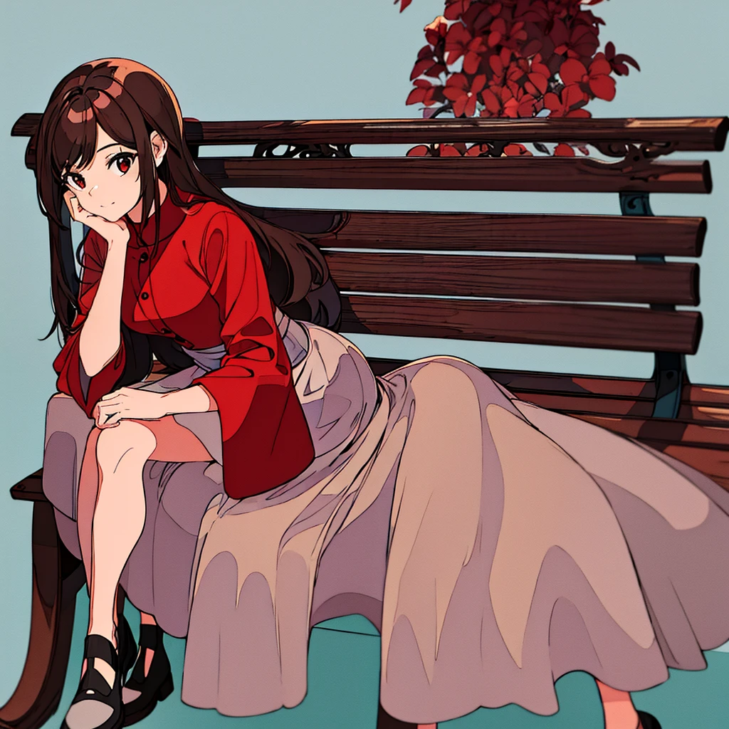 Light gray background, woman sitting on bench, brown hair, long, red flower