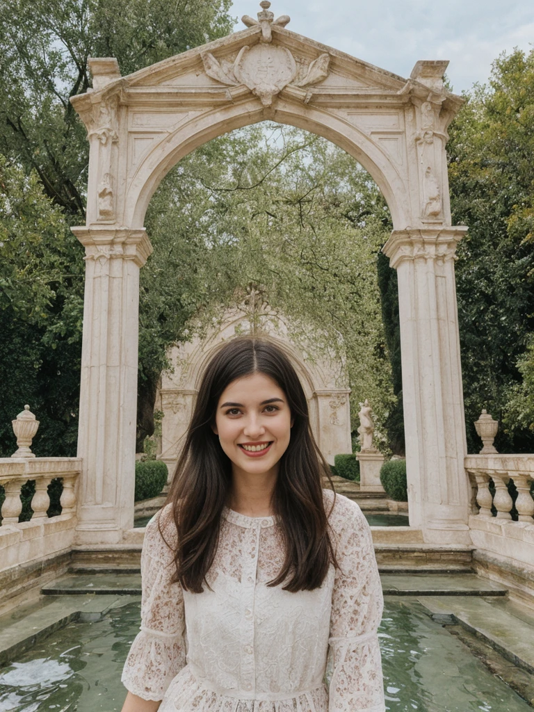 her name is Amelie, high quality, 1girl, ((25-year-old fit Caucasian woman)), ((25 years old)), ((BODY TYPE: HOURGLASS)), ((Shaggy Lob brown hair)), smiling, pose: standing, wearing SOPHISTICATED courant Generation-Z modern wear pastel colored, BACKGROUND: "Wandering through the lush gardens of the Alcázar, with its ornate architecture, fountains, and vibrant flowers."