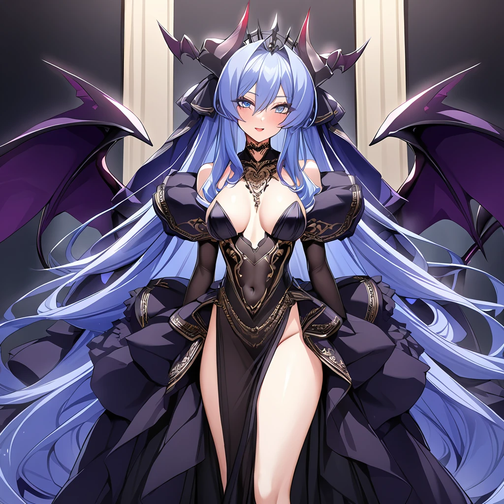 ((Highest quality)), ((masterpiece)), (detailed), (Perfect Face)、The woman was a beautiful, jet-black-skinned archdemon, the evil queen, Devil Extia. She had medium-long blue hair, was wearing a gorgeous black wedding dress with gold embroidery and trim, a black wedding veil, an engagement ring, and luxurious accessories. She was the elegant, beautiful archdemon queen.、A beautiful, jet-black-skinned demon with magnificent devil horns, devil wings, and a devil tail.