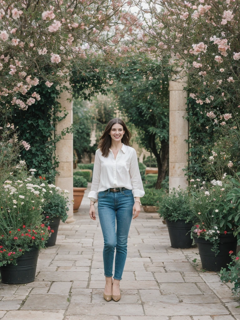 her name is Amelie, high quality, 1girl, ((25-year-old fit Caucasian woman)), ((25 years old)), ((BODY TYPE: HOURGLASS)), ((Shaggy Lob brown hair)), smiling, pose: standing, wearing SOPHISTICATED courant Generation-Z modern wear pastel colored, BACKGROUND: "Wandering through the lush gardens of the Alcázar, with its ornate architecture, fountains, and vibrant flowers."